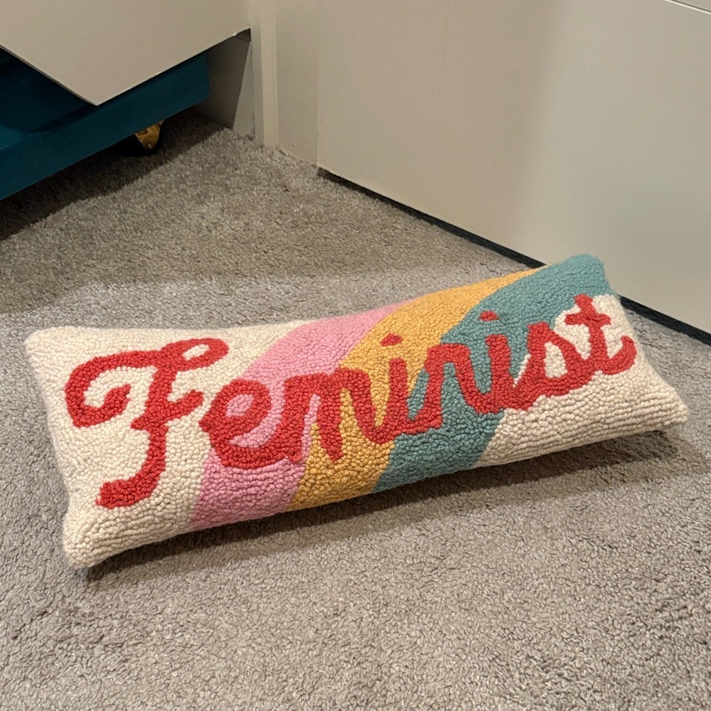 Feminist Rainbow Hooked Lumbar Pillow - Red, Pink, Yellow, Teal